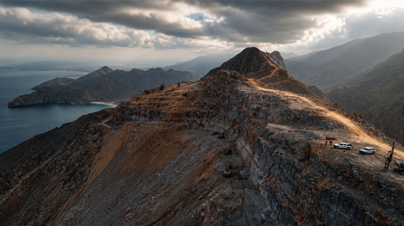 RRS-305 Khasab–Diba mountain road — Musandam ridge alignment with plant working along the carved corridor at sunset